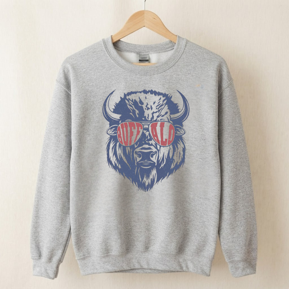 Buffalo Bison Sunglasses Red Blue Graphic Vintage Gray Sweatshirt